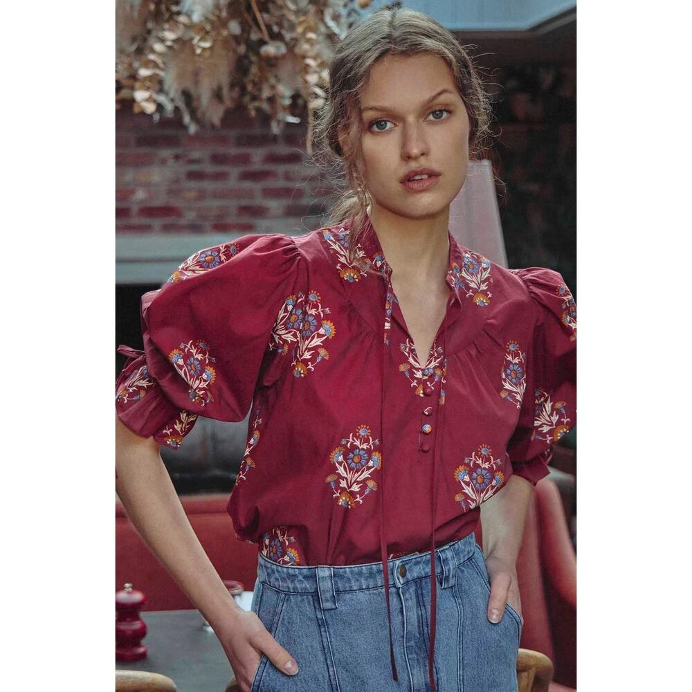 Hunter Bell Rory Top Red Floral Peasant Blouse Sz L - Picture 7 of 7